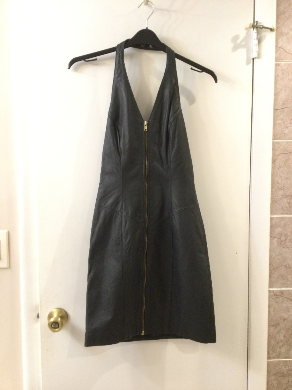 Wilsons Leather Halter Neck Front Zipper Mini Dress S Fitted Charcoal Black